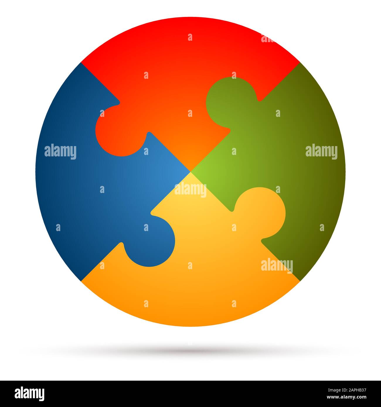 Rundes Puzzle, das Teamarbeit in vier Farben symbolisiert, die auf weißem Hintergrund isoliert sind Stock Vektor