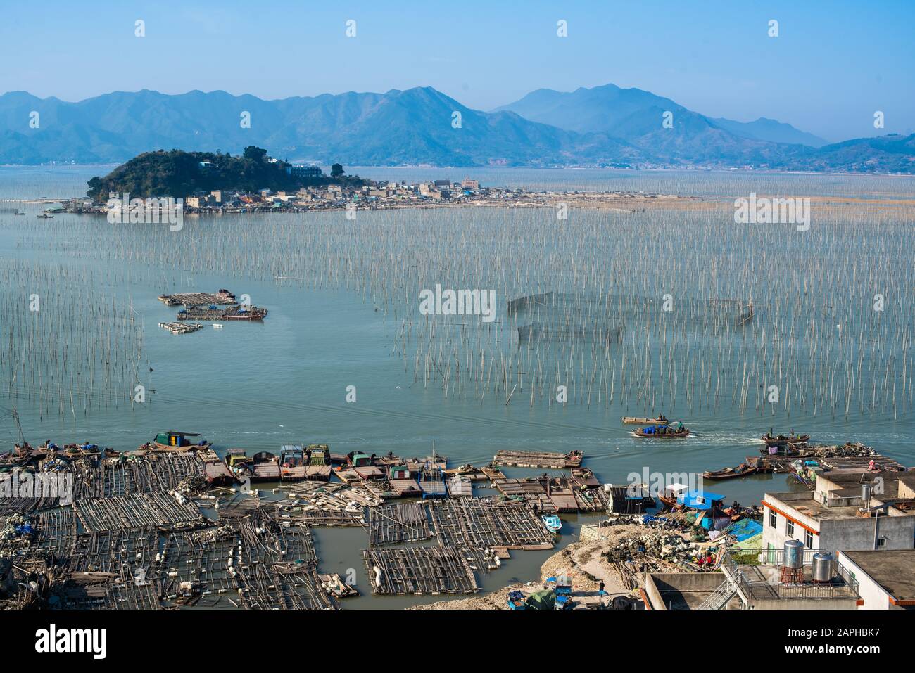 Blick auf das Dorf in Xiapu, China, Sonnenlicht blauer Himmel. Diese Stadt produziert Algen über dem Meer. Stockfoto