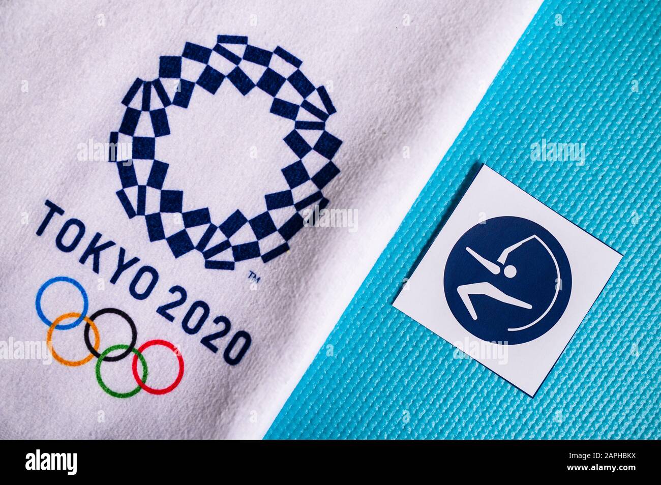 TOKIO, JAPAN, JANUAR. 20. 2020: Piktogramm rhythmische Sportgymnastik für olympisches Sommerspiel Tokio 2020 Stockfoto