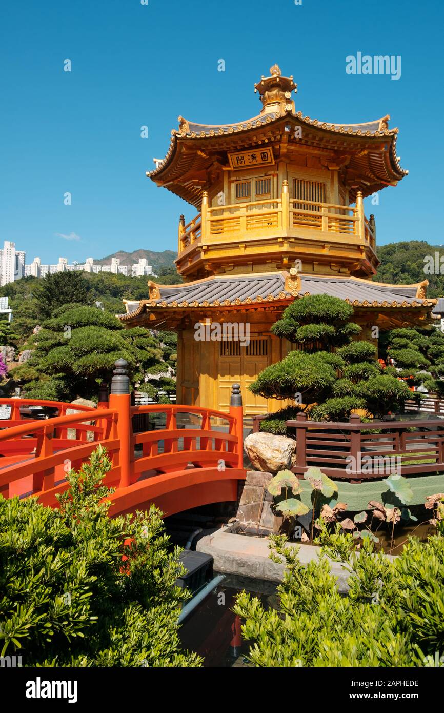 Hongkong, China - November 2019: Der goldene Pavillon der Absoluten Perfektion im Nan Lian Garden, Chi Lin Nunnery, einem großen buddhistischen Tempel in Hongkong Stockfoto