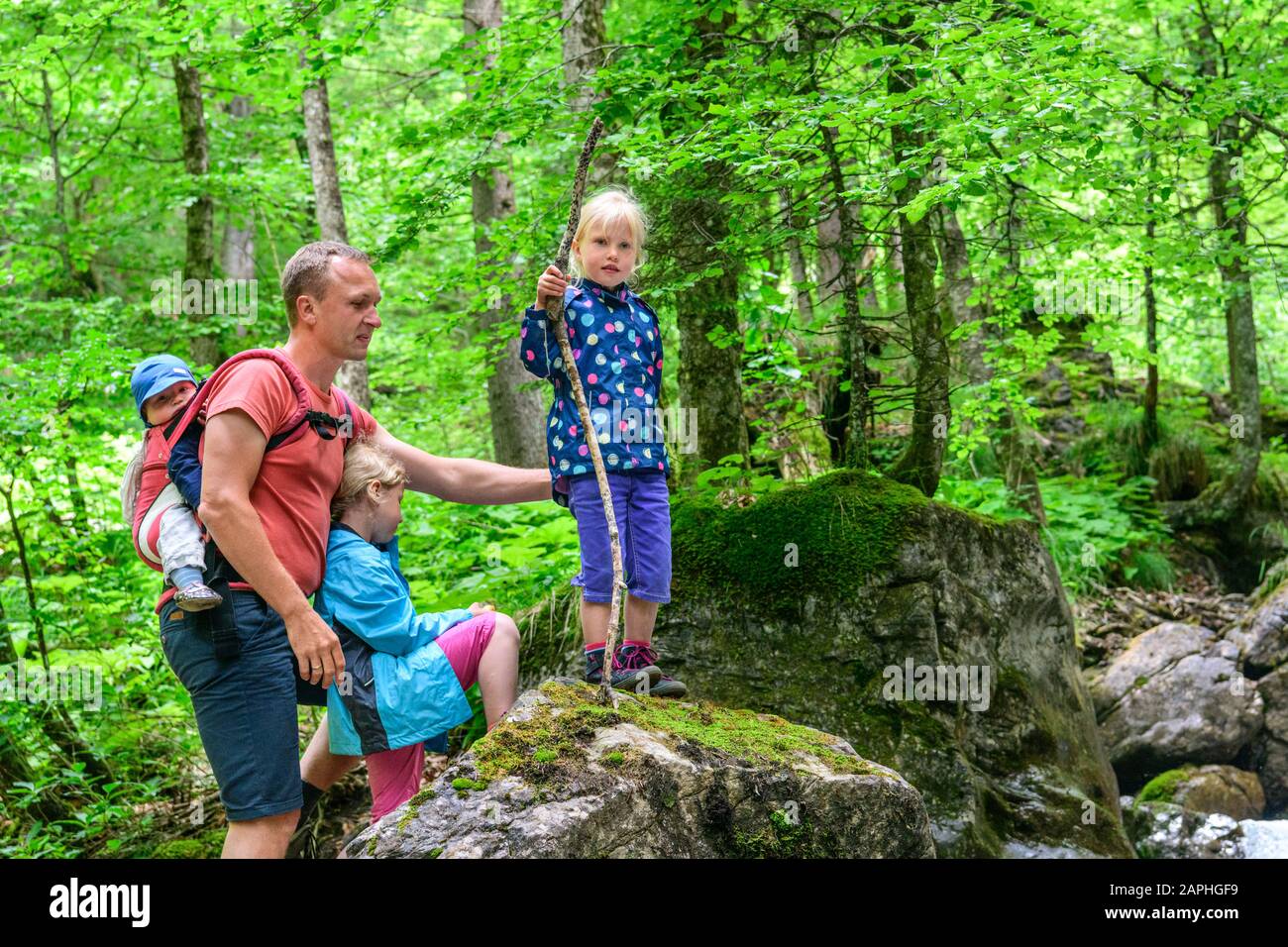Junge Familie mit kleinen Kindern beim Wandern in den Bergen Stockfoto