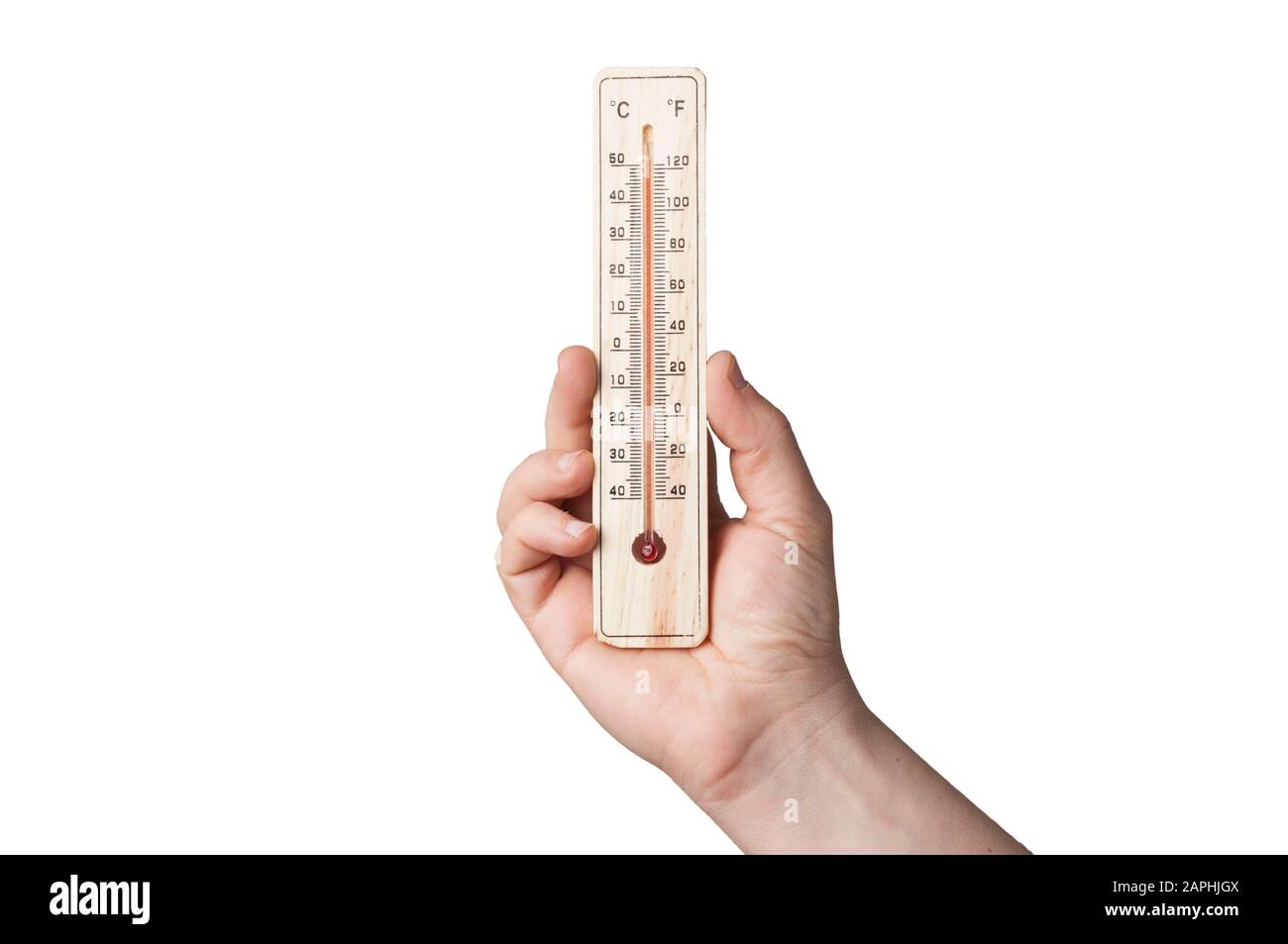 Hand hält ein Thermometer auf weißem Hintergrund Stockfoto