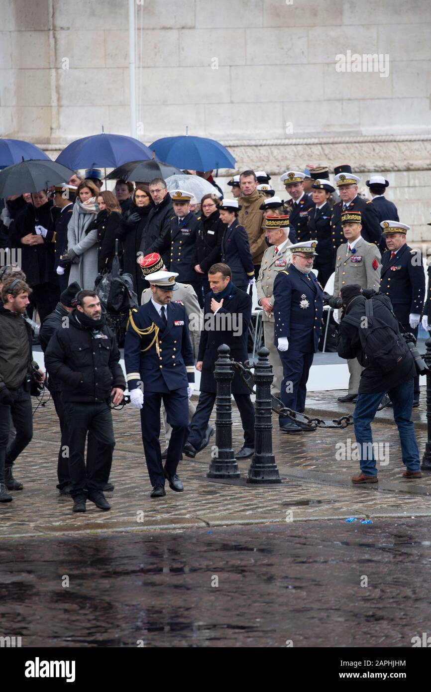 Emmanuel Macron bei der 101. Jahrfeier des Waffenstillstands von 1918 am Triumphbogen. Paris, 11.11.2019 Stockfoto