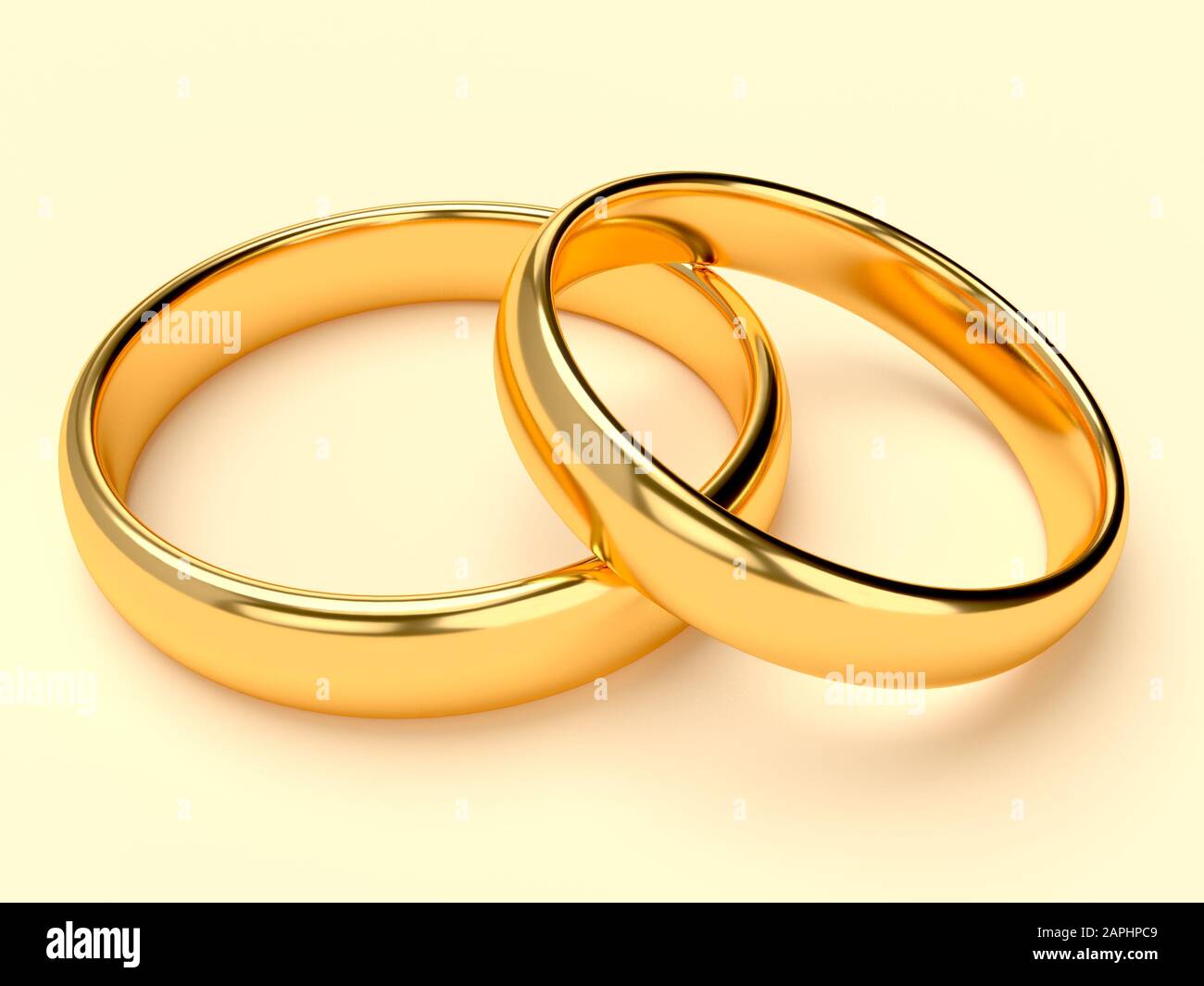 Zwei goldene Ringe der Hochzeit liegen aufeinander. 3D-Rendering Stockfoto