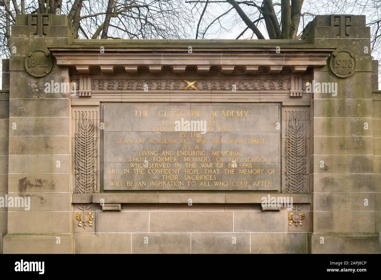 Glasgow Academy war Memorial außerhalb der Glasgow Academy Independent School, Glasgow, Schottland, Großbritannien Stockfoto