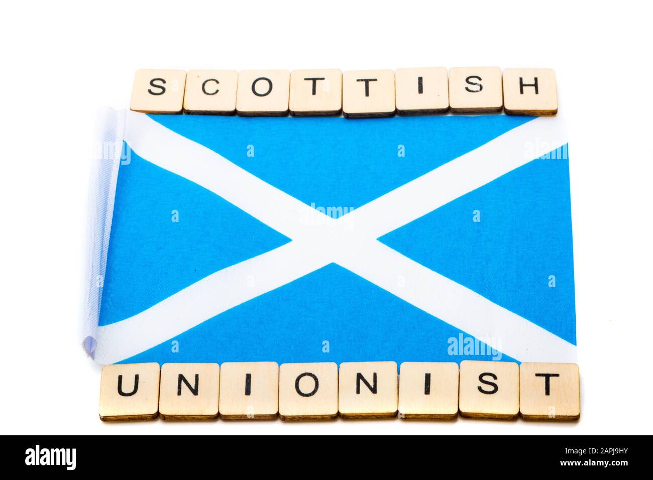 Die Nationalflaggen Schottlands, der Saltaire oder das Kreuz von St Andrews auf weißem Hintergrund mit einem Schild, das schottischen Unionisten liest Stockfoto