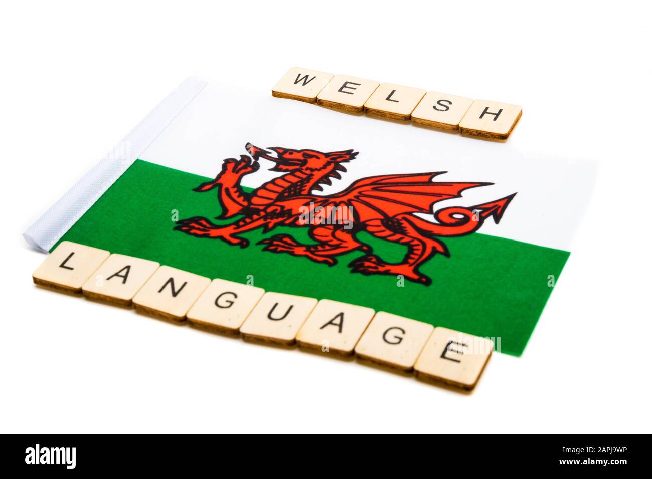 Die Nationalflaggen von Wales auf weißem Hintergrund mit einem Schild, das walisische Sprache liest Stockfoto