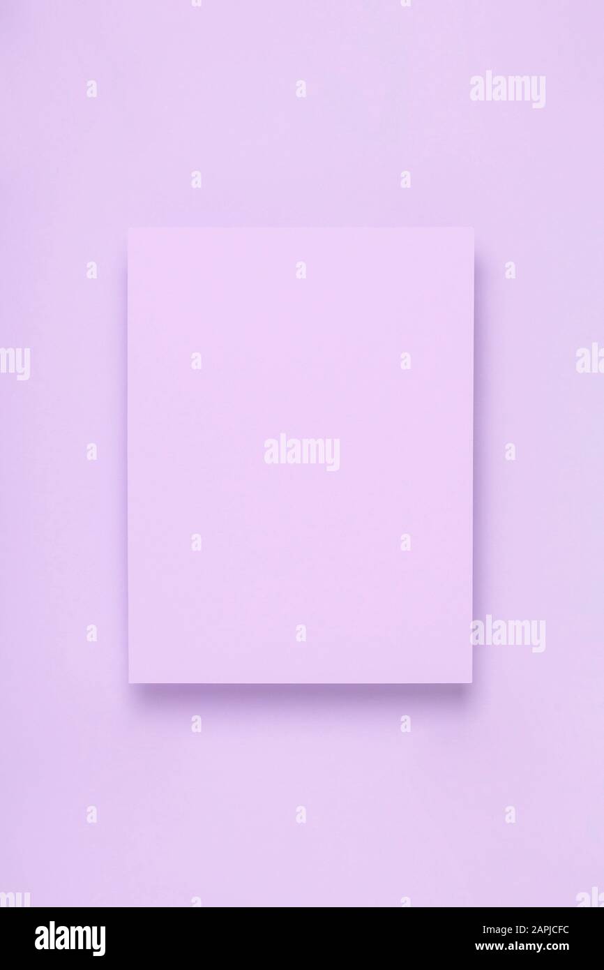 Minimaler Rahmen-Mock-up. Leeres Blatt mit lilafarbter Postkarte auf zart lilakarem Hintergrund. Vorlage für das Design Stockfoto