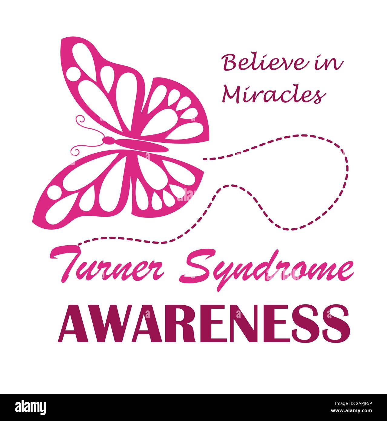 Turner Syndrome Awareness Month wird ib Februar gefeiert. Pink Schmetterling Symbol Vektor auf weißem Hintergrund . Glauben Sie an Wunder Text und Krimson Stock Vektor