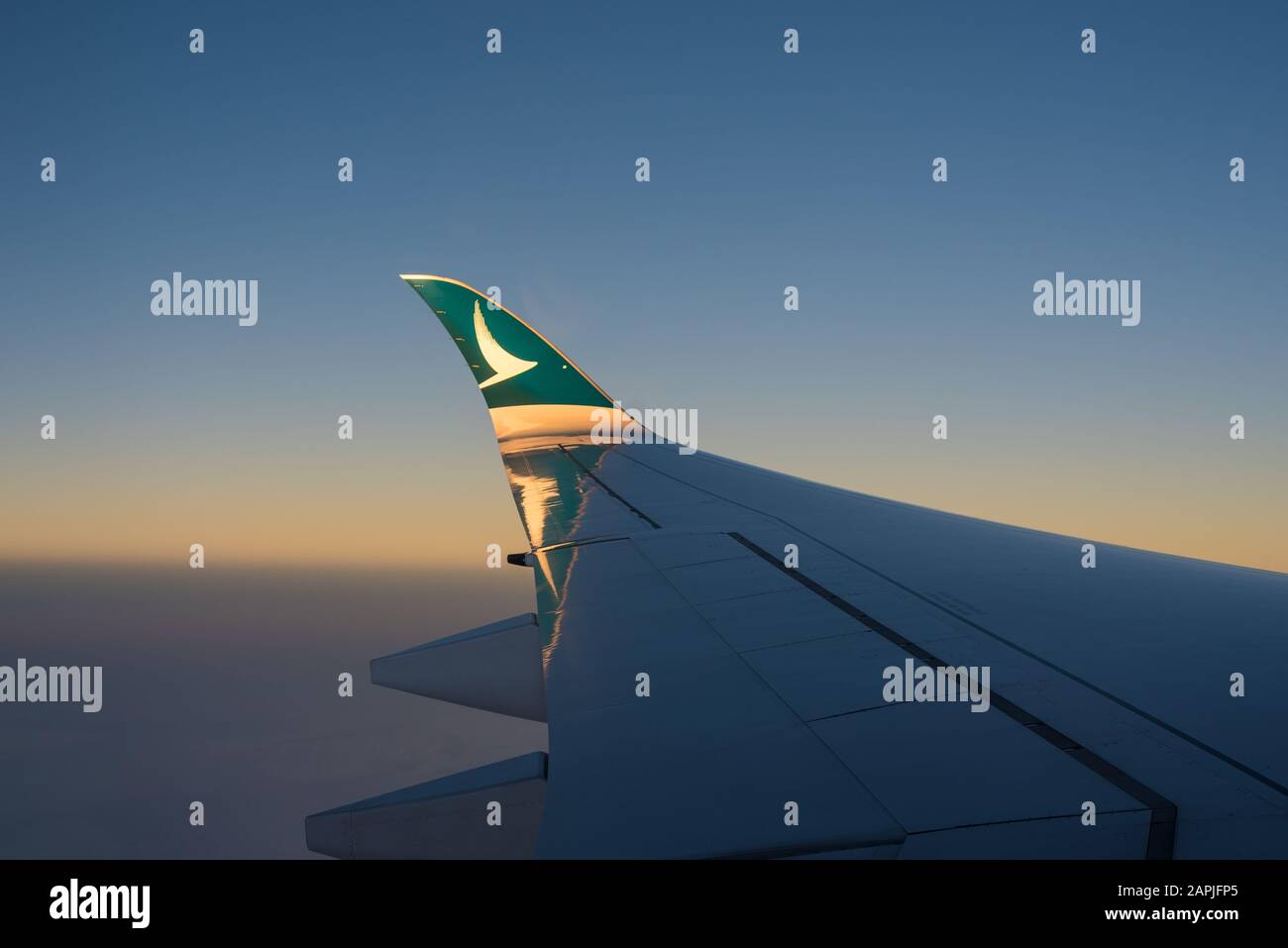 Der Flügelflitzer eines airbus A350-1000 von Cathay Pacific wird bei einem Flug nach Manila bei Sonnenuntergang beleuchtet. Stockfoto