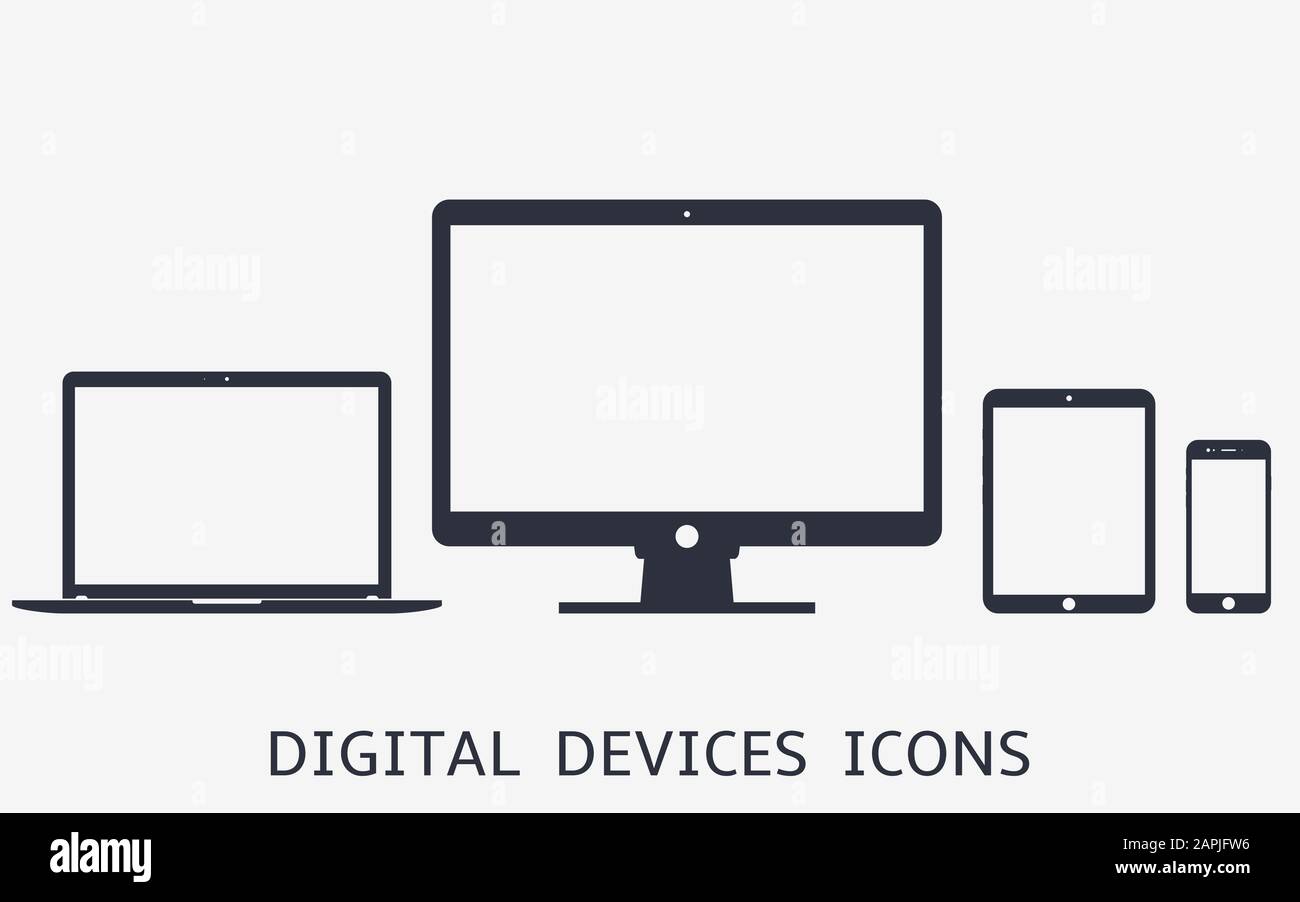 Symbolsatz für digitale Geräte. Vektordarstellung des reaktionsschnellen Webdesigns. Smartphone, Tablet, Laptop und Desktop-Computer Stock Vektor