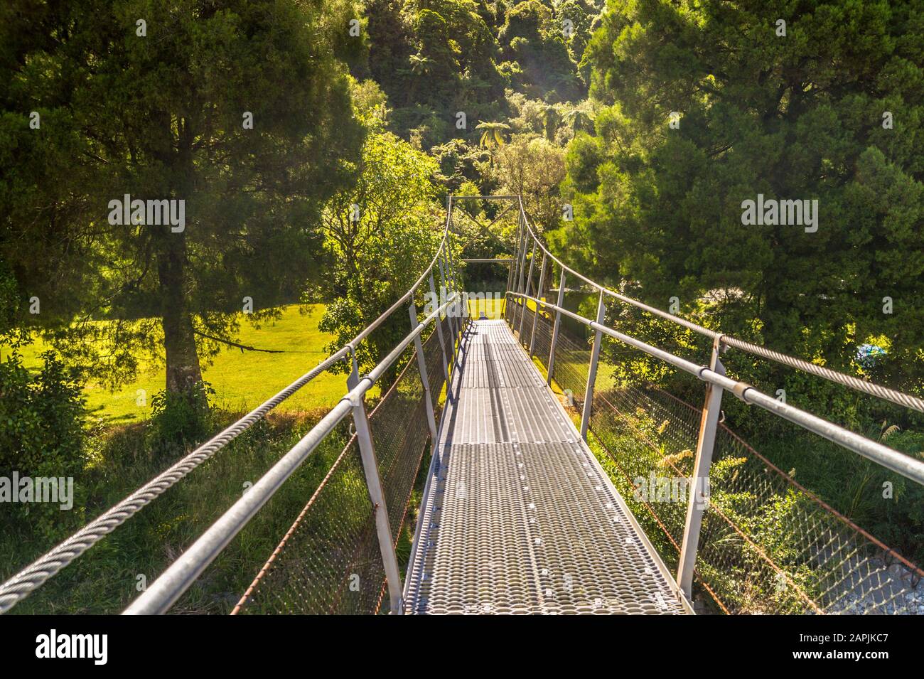 Hängebrücke für Fußgänger über den Fluss Ōtaki, Tararua Forest Park, Ōtaki Forks, North Island, Neuseeland Stockfoto