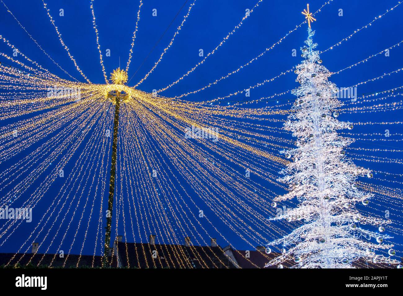 Elektrischer Weihnachtsbaum und Lichter auf dem Weihnachtsmarkt in Sibiu, Siebenbürgen, Rumänien Stockfoto