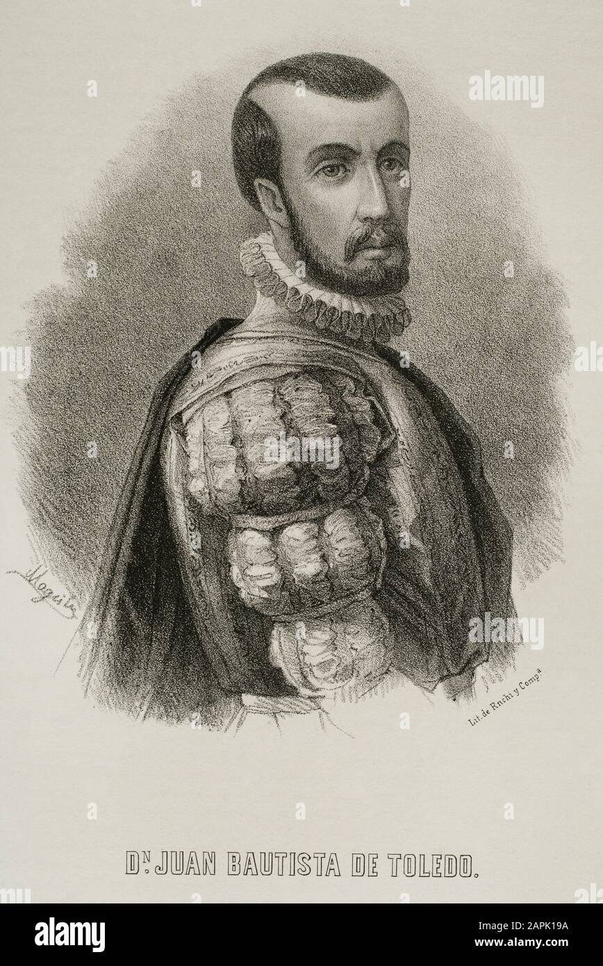 Juan Bautista de Toledo (1515-1567). Spanischer Architekt. Hochformat. Die Lithographie. Cronica General de España, Historia Ilustrada y Descriptiva de sus Provincias. Castilla-La Nueva, 1869. Stockfoto