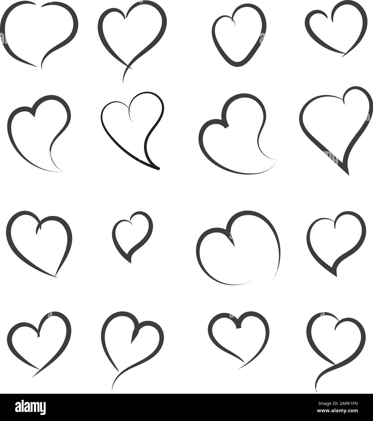 Herzförmige Elemente im Doodle-Stil. Herzform in Linienkunst Stock Vektor
