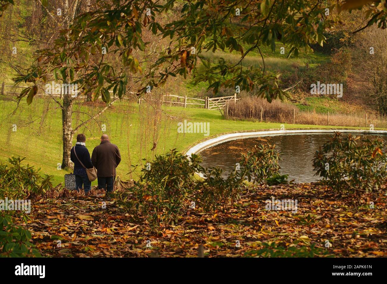 Ein älteres Paar, das in einem schönen, abgeschrägten Herbstgarten unter den umgestürzten Blättern steht, die auf einen Teich und den Blick darüber hinaus blicken Stockfoto