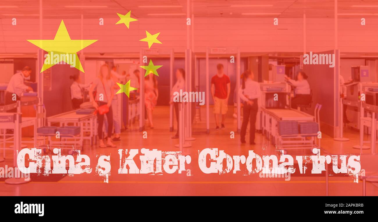 Menschen in der Flughafensicherheit mit überlagerter chinesischer Flagge und Bildunterschrift über Chinas sich ausbreitende Coronavirus Bedrohung, die sich Anfang 2020 ausgebreitet hat Stockfoto