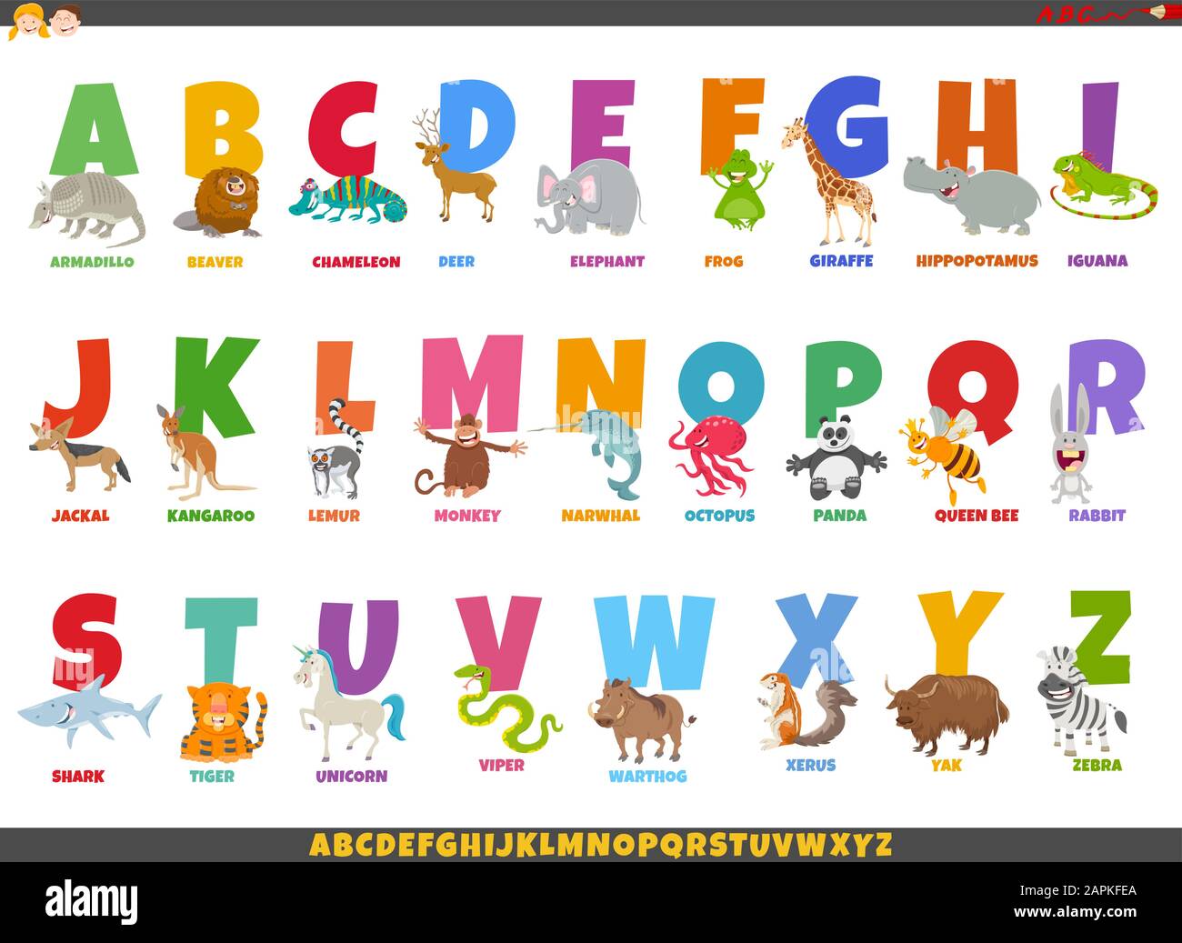 Cartoon-Illustration des Bunten Alphabets Mit Fröhlichen Tierfiguren und Bildunterschriften Stock Vektor