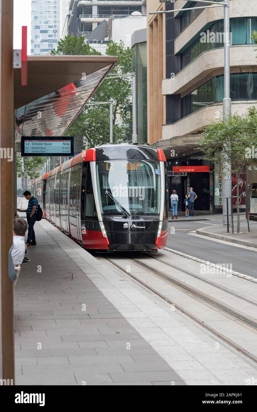 Dez. 2019:Eine der neuen Stadtbahnen von Sydney in der George Street Sydney, Australien. Die Straßenbahn verkehrt zwischen den Vororten Randwick und Circular Quay Stockfoto