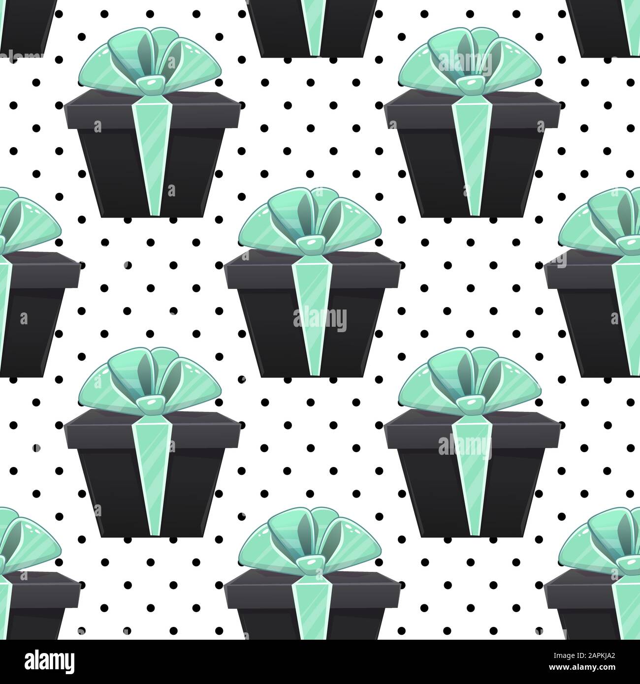 Geschenkbox Seamless Pattern Party präsentiert Design auf schwarzen Polka Dots Hintergrundtapete, Vektor wiederholbare Kachel für Papier oder Textil Stock Vektor