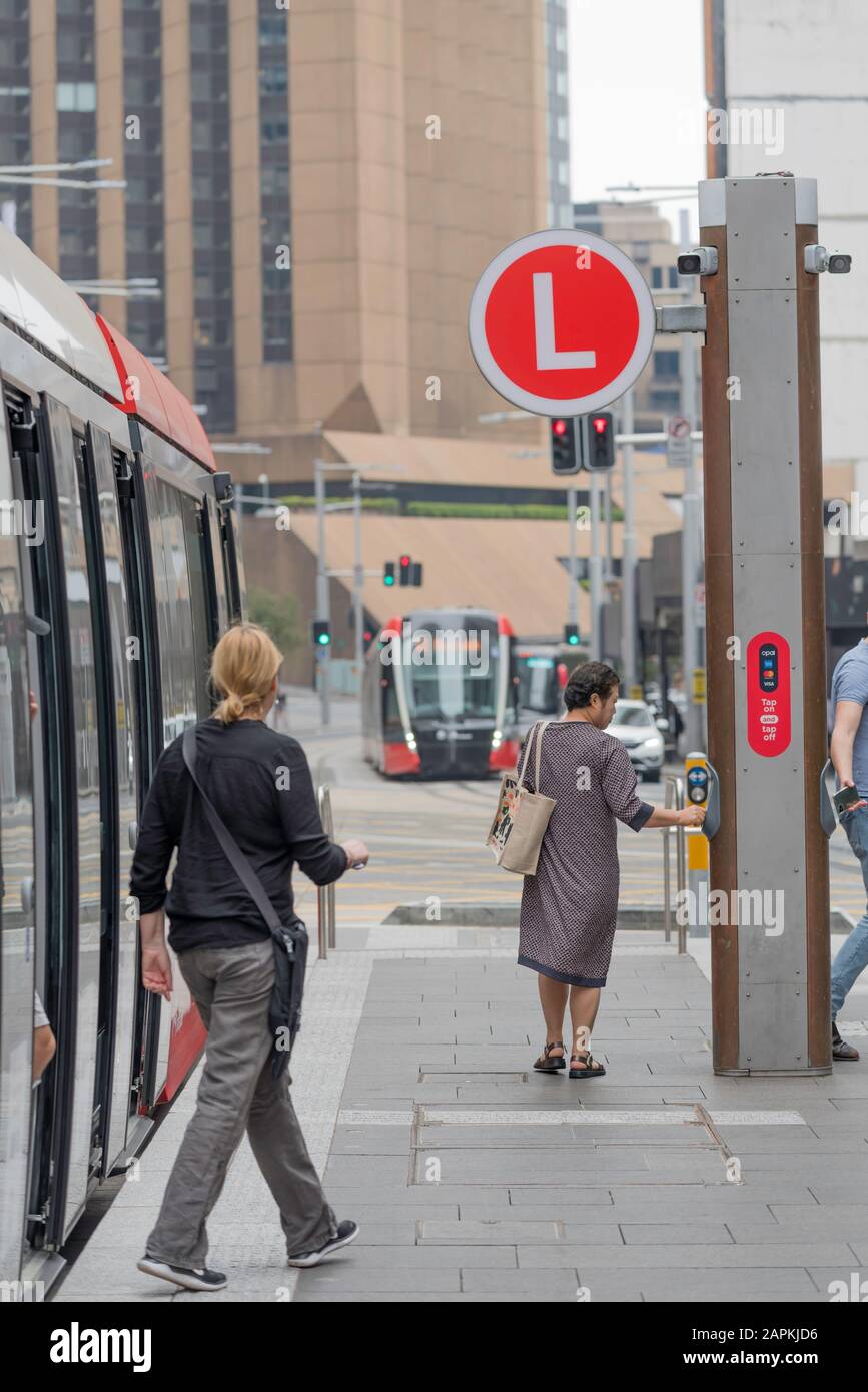 Dez. 2019:Eine der neuen Stadtbahnen von Sydney in der George Street Sydney, Australien. Die Straßenbahn verkehrt zwischen den Vororten Randwick und Circular Quay Stockfoto