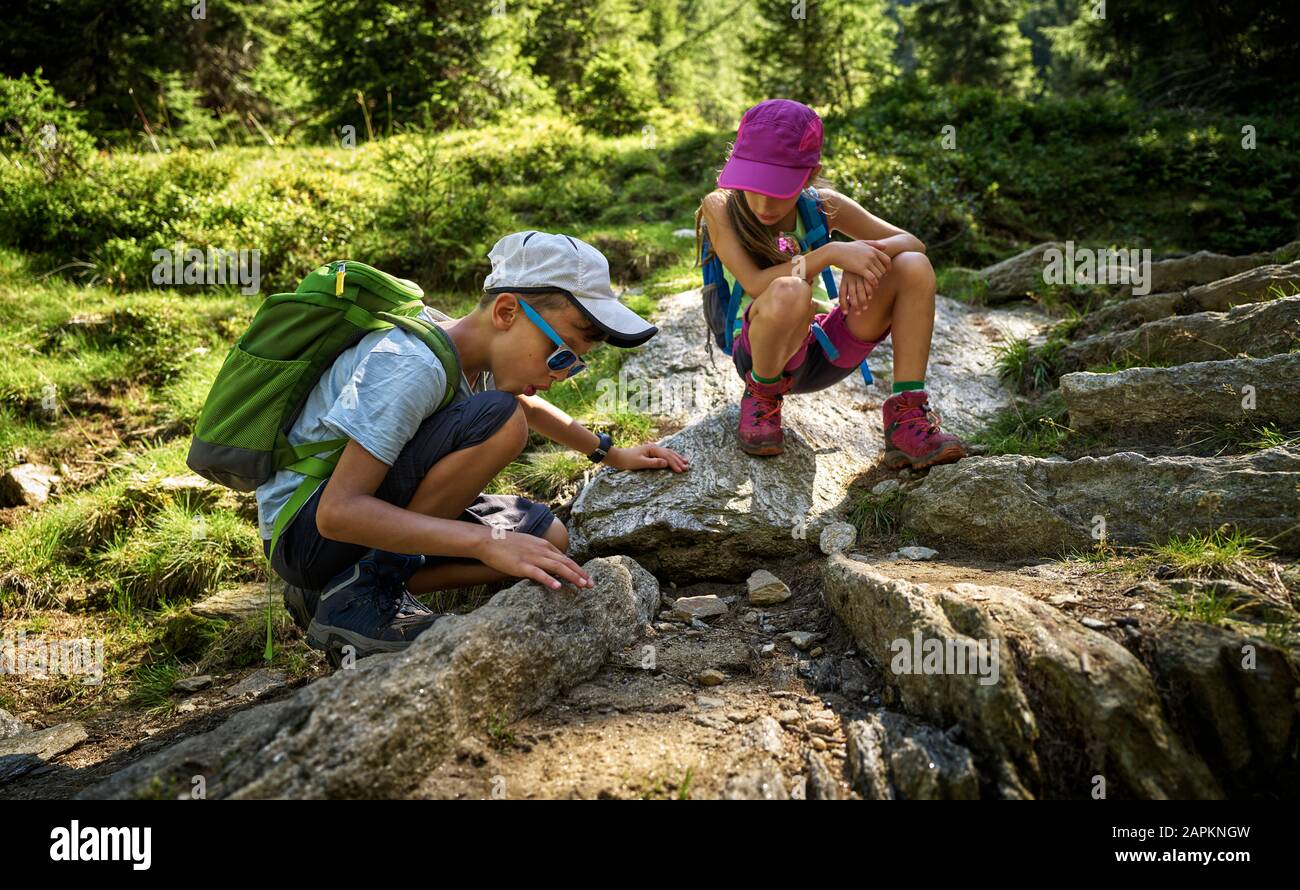 Junge und Mädchen auf Wandertour bei Ameisen, Passeiertal, Südtirol, Italien Stockfoto