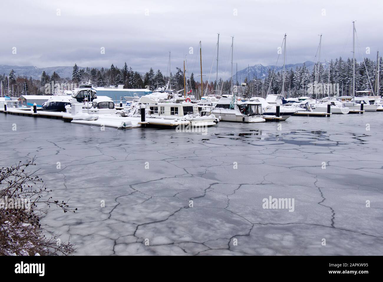 Vancouver, Kanada - 15. Januar 2020: Ein Blick auf das gefrorene Dock mit Booten im Coal Harbor. Schneesturm und extremes Wetter in Vancouver. Stockfoto