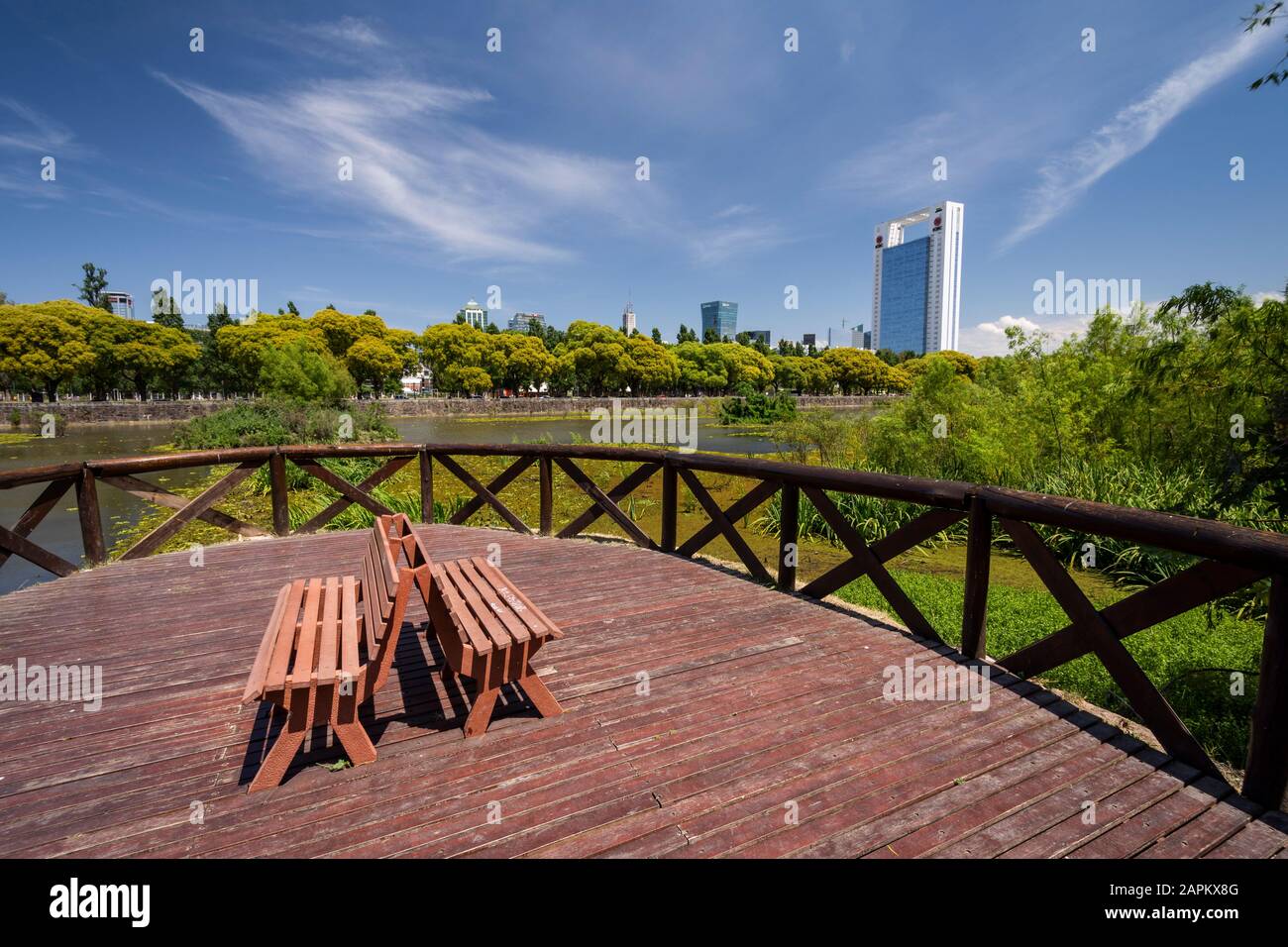 Schöner Blick auf moderne Gebäude von der grünen ökologischen Gegend in Puerto Madero, Buenos Aires, Argentinien Stockfoto