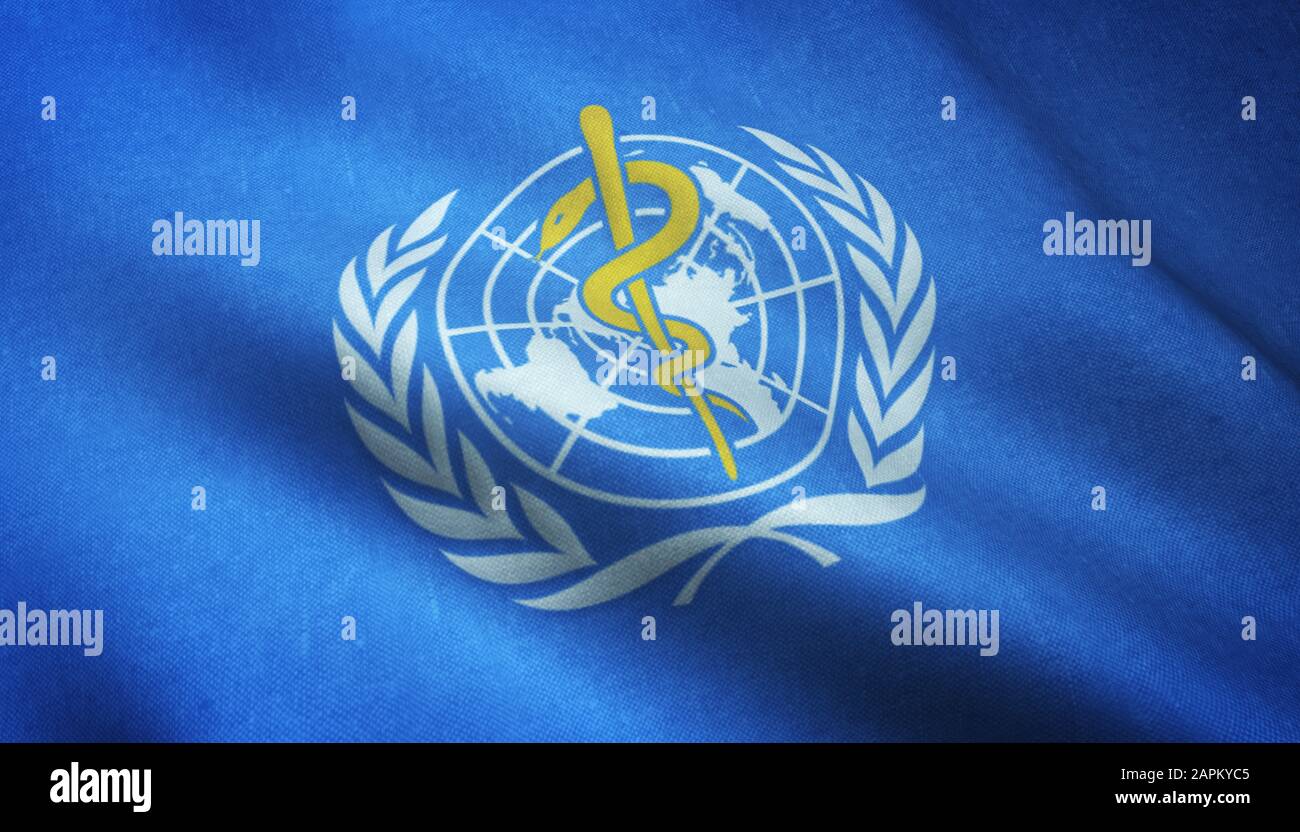 Nahaufnahme der winkenden Flagge der Weltgesundheitsorganisation Organisation mit interessanten Texturen Stockfoto