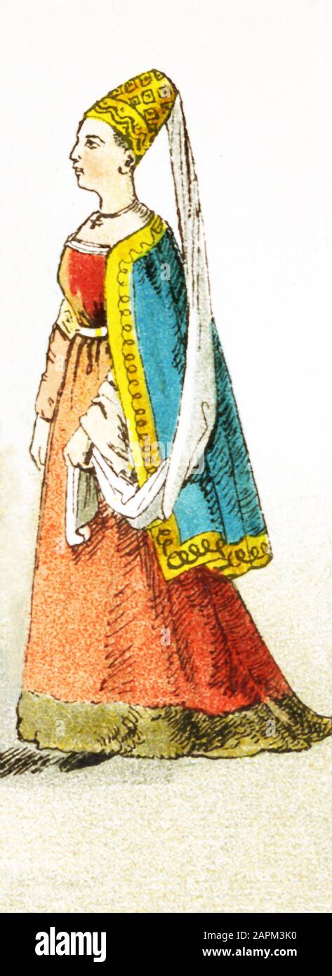 Die Abbildung stellt hier eine ungarische Adelsdame im Jahre 1400 dar. Die Abbildung stammt aus dem Jahr 1882. Stockfoto