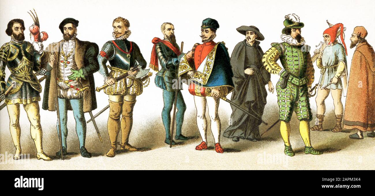Die Zahlen stellen spanische Männer von A.D. 1500-1600 dar. Sie sind von links nach rechts: Ferdinand Cortez († 1547); Don Louis Quijada, General von Karl V. († 1570); Don John von Österreich († 1578); Herzog von Alva († 1582); Adeliger; Jesuit; Soldat; Biscayan Bauer; Tracht des gemeinen Volkes. Die Abbildung stammt aus dem Jahr 1882. Stockfoto