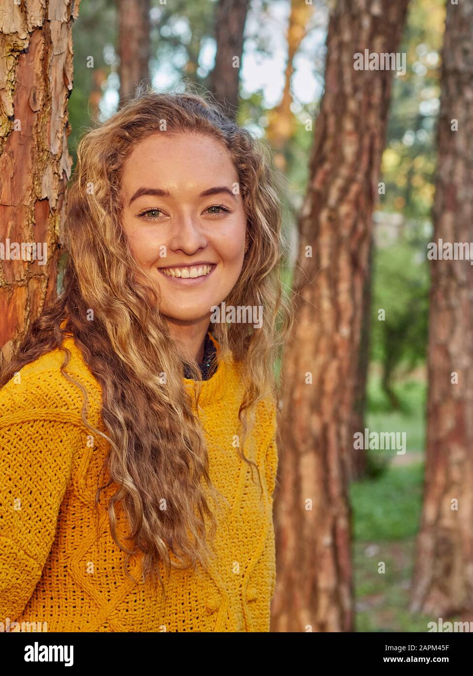 Porträt einer glücklichen jungen Frau in einem Kiefernwald Stockfoto