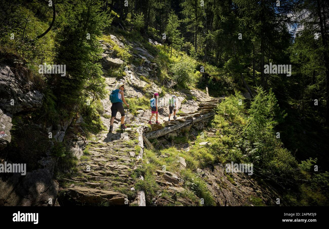 Mutter mit zwei Kindern, die in alpiner Landschaft, Passeiertal, Südtirol, Italien wandern Stockfoto