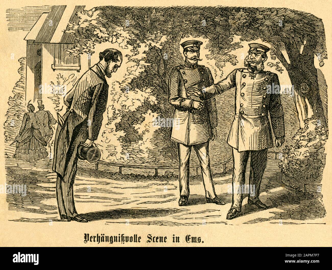 Europa, Deutschland, Bad Ems, Deutsch-Französischer Krieg, Treffen von Marquis Benedetti, Graf Lehndorff und des deutschen Kaisers Wilhelm I. auf der Kurpromenade von Bad Ems, Motiv aus: ' die Kriegs-Chronik von 1870-1871 ' . Auf Grund authentischer Quellen bearbeiten von Franz Lubojatzky, Druck und Verlag von Adolph Wolf, Dresden, von 1874 ? . / Europa, Deutschland, Bad Ems, Französisch-Französischer Krieg, Treffen von Marquis Benedetti, Graf Lehndorff und dem deutschen Kaiser Wilhelm I. an der Promenade von Bad Ems, Bild aus: ' die Kriegs-Chronik von 1870-1871 ' ( War-Chronik 1870-1871 ), von Franz Lu Stockfoto