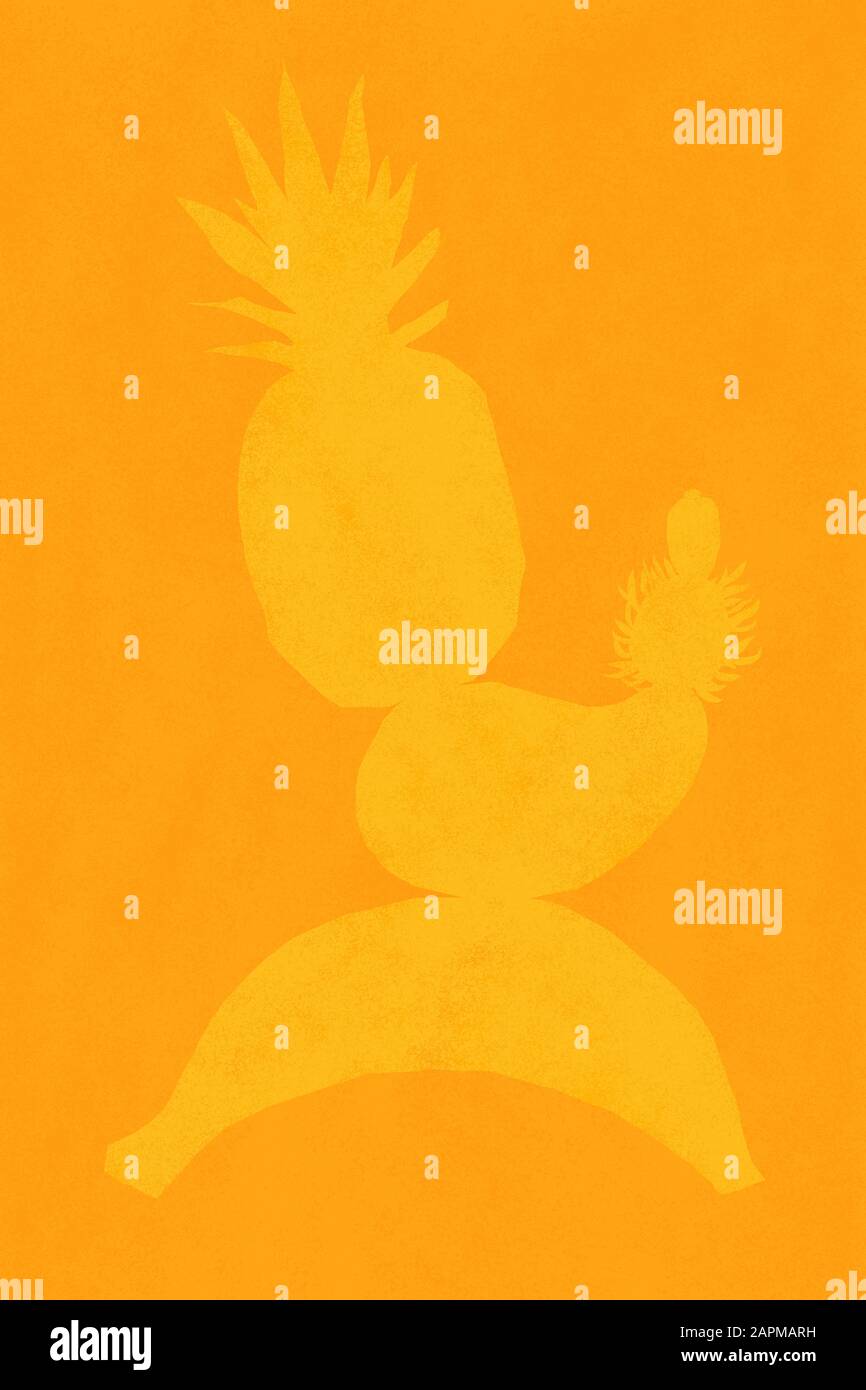 Abbildung Tropischer Früchte - Ananas, Banana, Mango, Rambutan, Jocote Stockfoto