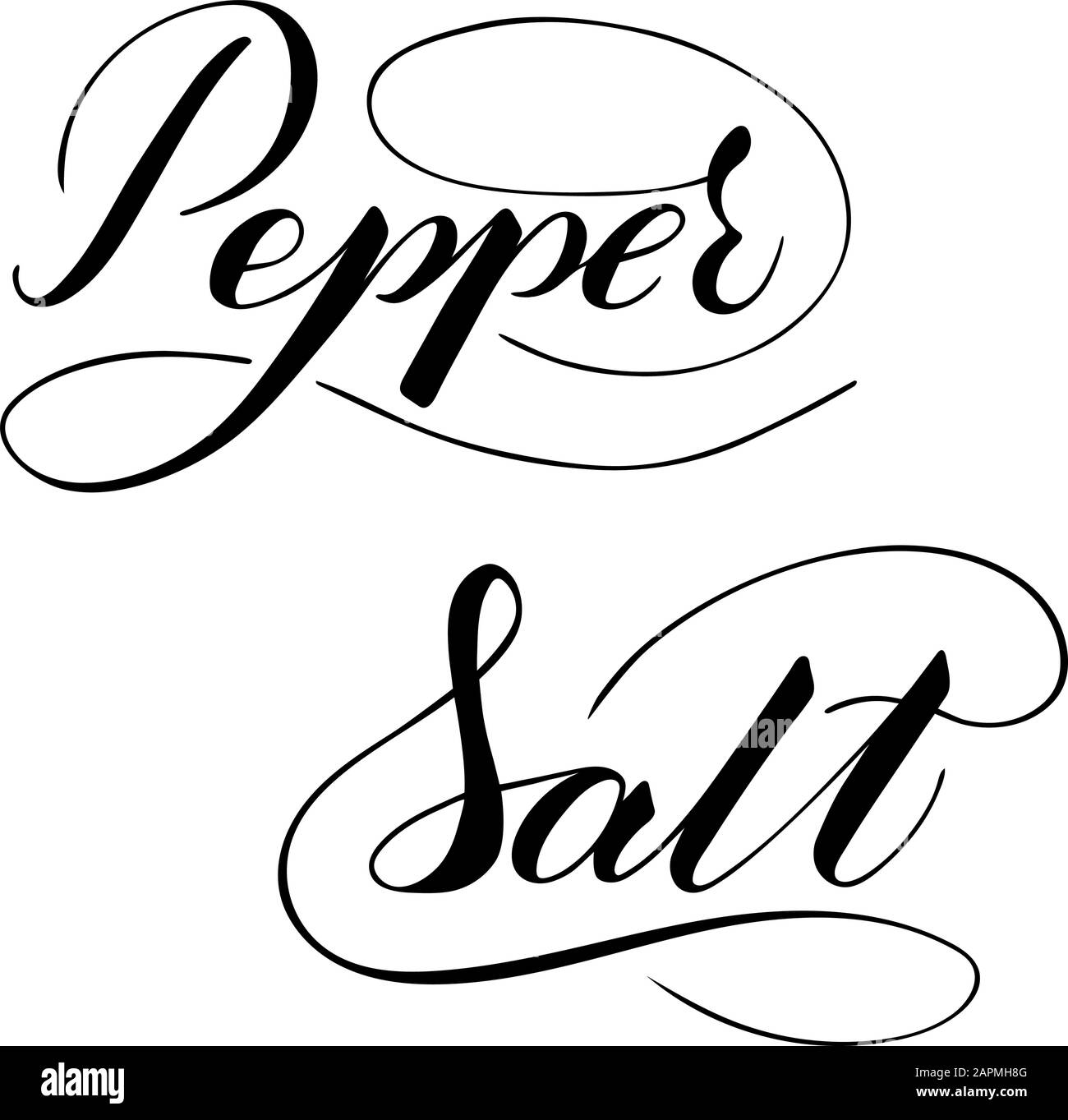 Vector handgeschriebener Salz- und Pfeffertext isoliert auf weißem Hintergrund. Küche gesunde Gewürze zum Kochen. Schrift mit Pinselschrift mit Aufblühen. Stock Vektor