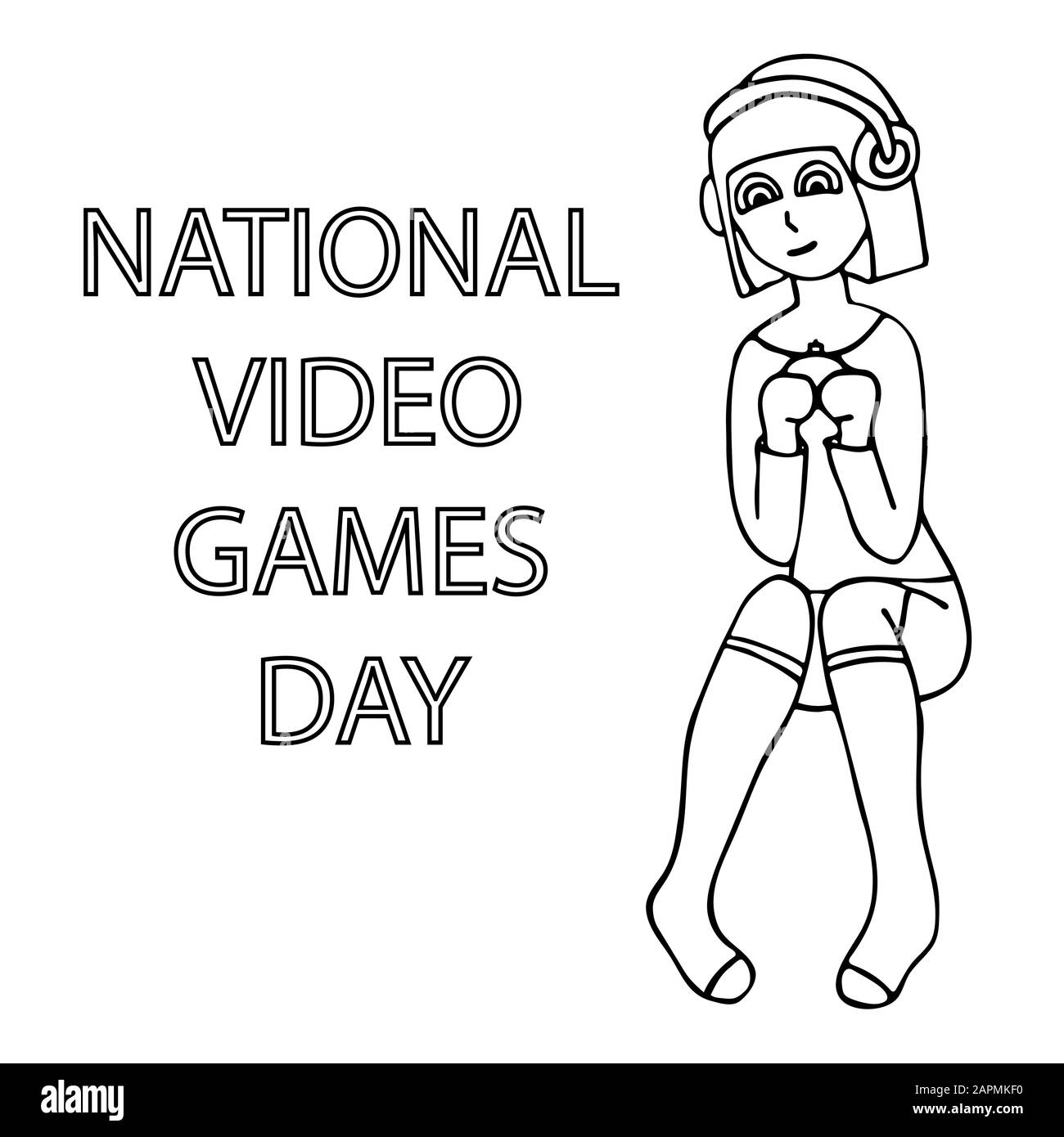 Zeichen für nationalen Videospieltag mit einem Gamer mit blauem Haar und einem Gamepad. Weißer Hintergrund isolierte Umrisse Stock Vector Illustration Stock Vektor