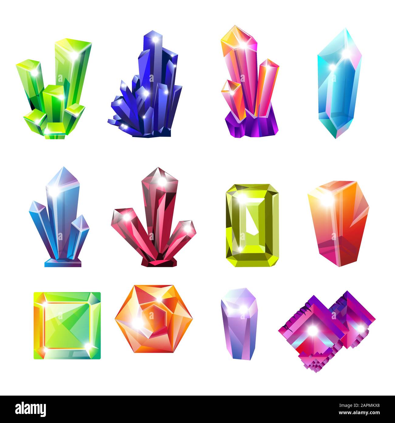 Kristalle isolierten Ikonen, ungeschnittene Edelsteine oder natürliche Ressourcen Stock Vektor