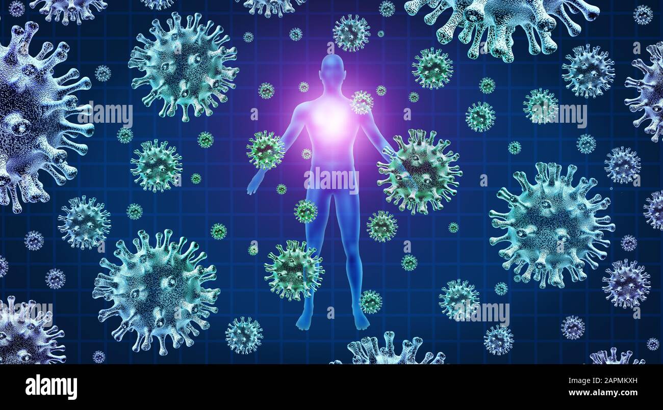 Atemvirusinfektion und Coronavirus-Ausbruch und Coronaviren Influenza-Hintergrund als gefährliche Grippe-Belastungsfälle oder SARS als Pandemie. Stockfoto