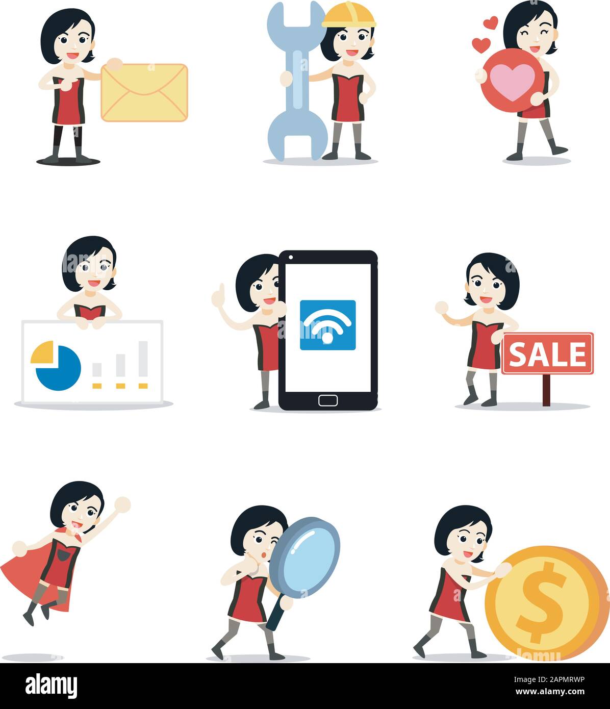 Satz von Spielerin mit Pokerkarte. Stock Vektor