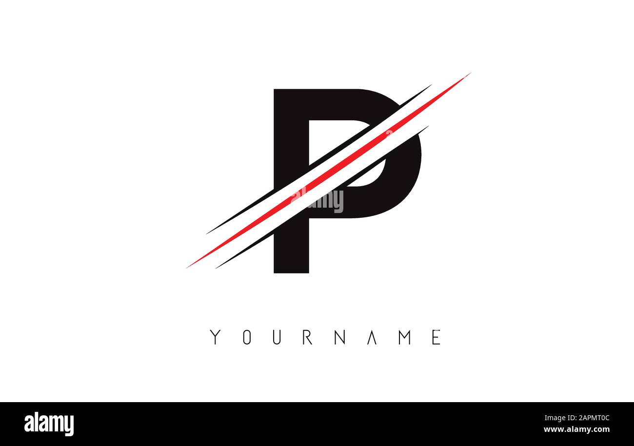 P Letter Logo Design in der Mitte mit roter Linie und scharfen Kanten geschnitten. Kreatives Logo-Design. Designvorlage für Modesymbole. Stock Vektor