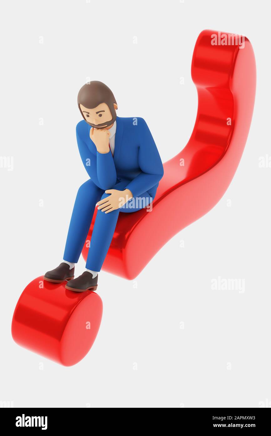 Cartoon-Charakter-Geschäftsmann sitzt in Gedanken auf einem Fragezeichen. Das Konzept der ungelösten Probleme in der Wirtschaft. 3D-Rendering Stockfoto