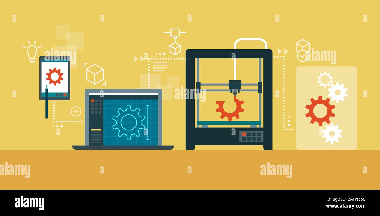 Prototypdesign, 3D-Modellierung und 3D-Druckprozess: Innovatives Engineering und Fertigung Stock Vektor