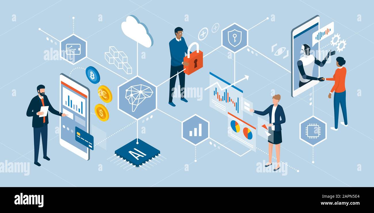 Innovative Technologien und Finanztrends: Geschäftsleute interagieren mit digitalen Schnittstellen, Diagrammen und künstlicher Intelligenz Stock Vektor