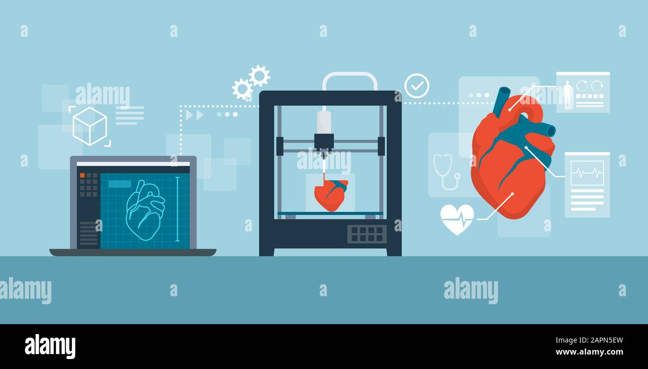 Medizinischer 3D-Druckprozess des menschlichen Herzens: Projekt-, Druck- und Endprodukt Stock Vektor