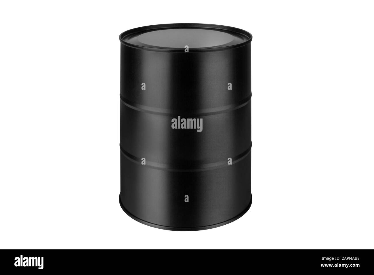 Schwarzes Metallfass auf weißem Hintergrund isoliert Nahaufnahme, Ölfass, Stahlfass, leere geschlossene Dose für Lebensmittel, Aluminiumgehäuse, Verpackung für Erdöllagerung Stockfoto