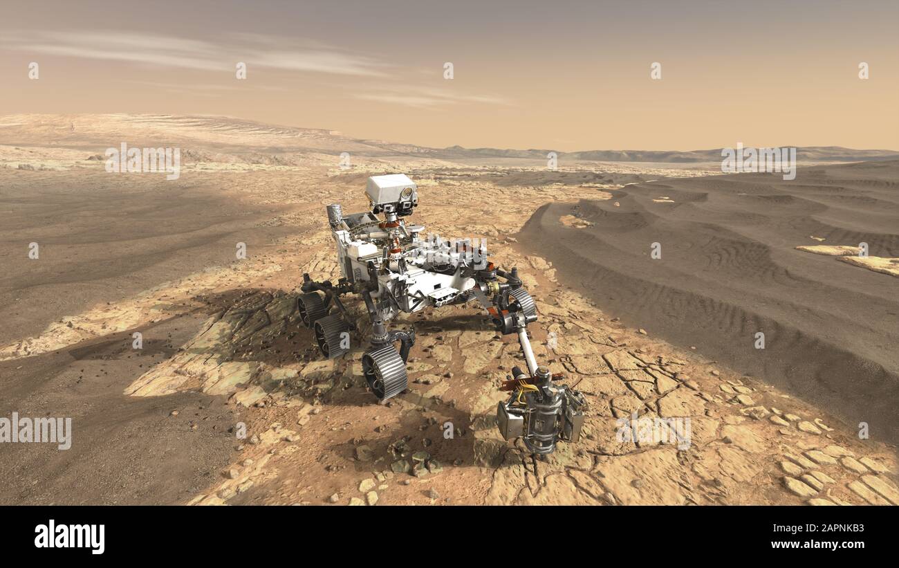 Das Konzept dieses Künstlers zeigt den Mars 2020-Rover der NASA, der den Mars erkundet. Die Mission wird nicht nur einen Bereich suchen und untersuchen, der wahrscheinlich bewohnerhaft gewesen sein wird Stockfoto