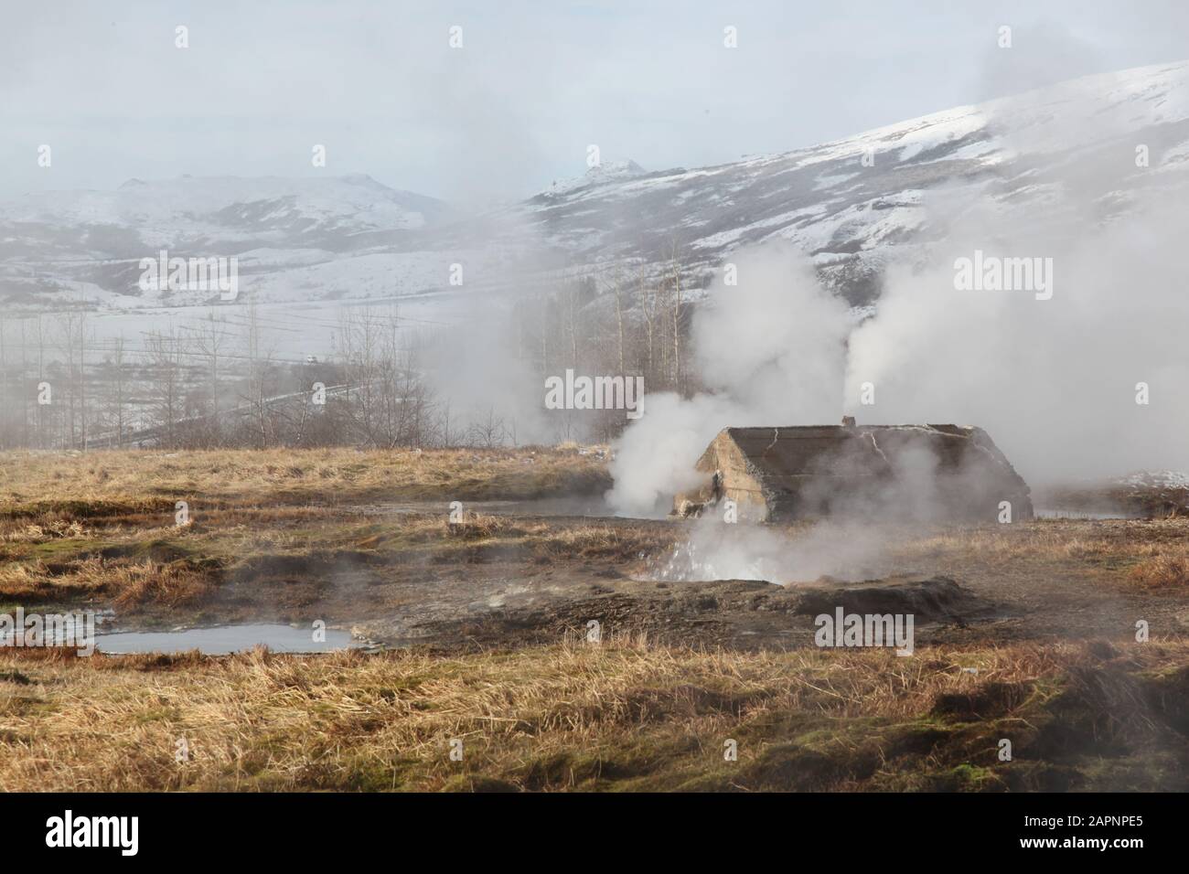 Ein beliebter Halt entlang des Golden Circle ist die hochaktive Geysir Hot Spring Area mit kochenden Schlammgruben, explodierenden Geysiren und atemberaubender Landschaft Stockfoto