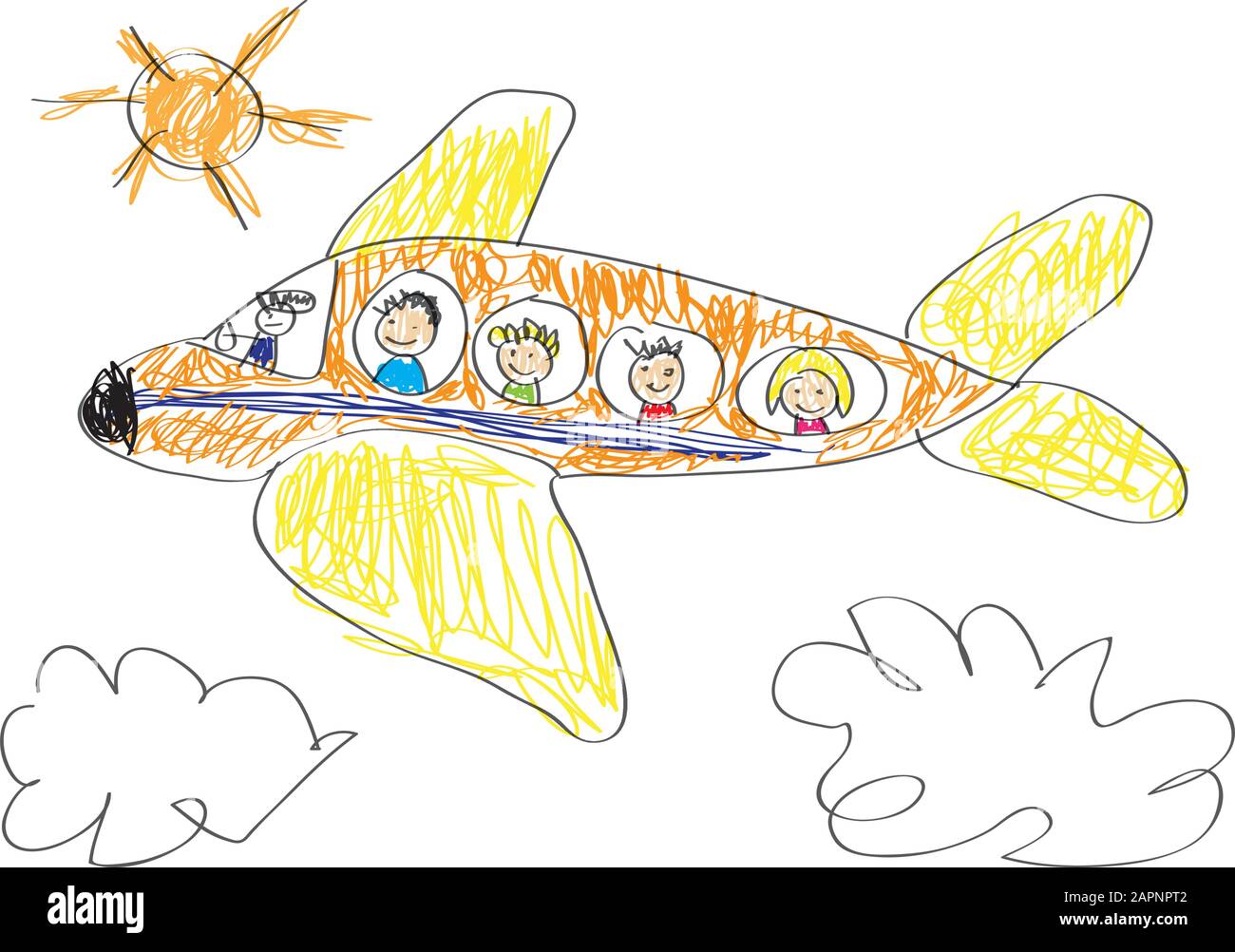 Vektor-Zeichnung von einem Kind, glückliche Familie, die mit dem Flugzeug in den Urlaub geht Stock Vektor