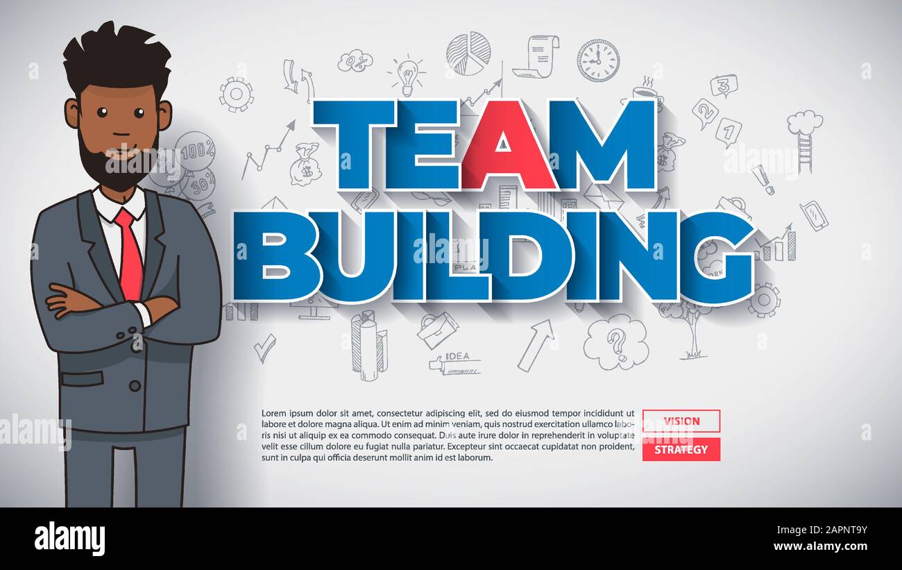 Teambuilding Konzept mit Lustigen Afro American Cartoon Guy mit Text Teambuilding auf Handgezeichneter Business Background. Perfekt für Webdesign, Banner, Mobile App, Landing Page. Vector Flat Design. Stock Vektor